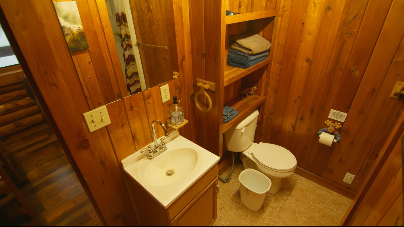 Cabin bathroom with sink, toilet, towels
